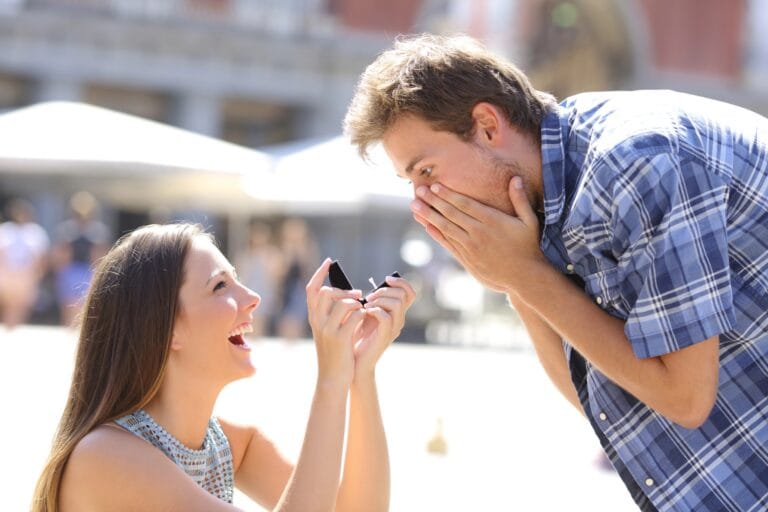 Woman proposing to man outdoors for a Leap Year Proposal