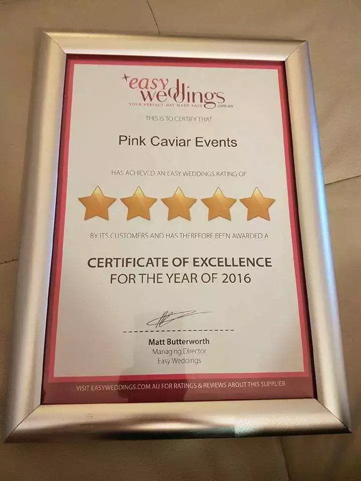 Certificate of Excellence - Easy Weddings 5 Star Certificate of Excellence 2016 - Pink Caviar Events