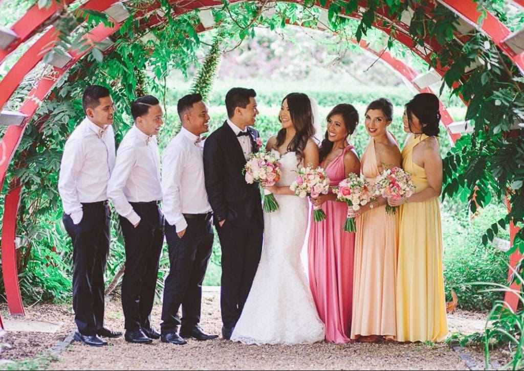 How to Choose the Perfect Wedding Venue: Bride and groom standing with their bridesmaids and bridesmen