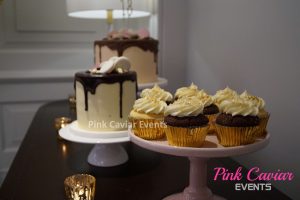 Various Deserts Gold Pink Brown Cupcakes Cakes Macaroons Buffet Gold Tealight Candles WM CHECKED