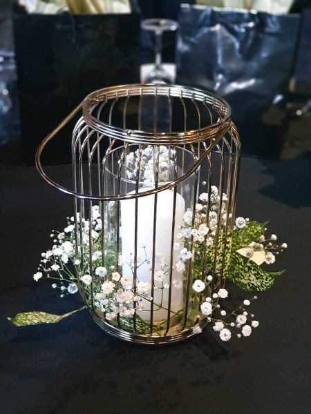Gold Lantern Cage with Babys Breath and Pillar Candle