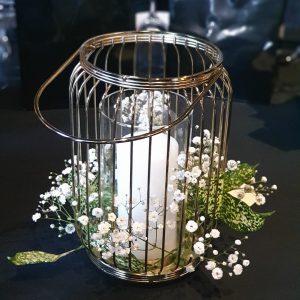 Gold Lantern Cage with Babys Breath and Pillar Candle