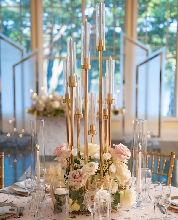 Gold Multi Candle Candelabra with LED Candles and Flowers