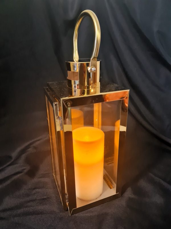 gold contemporary lantern with led pillar candle