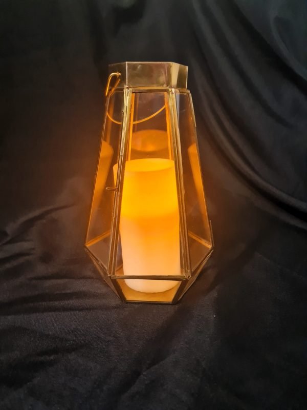 gold hexagonal lantern with led pillar candle