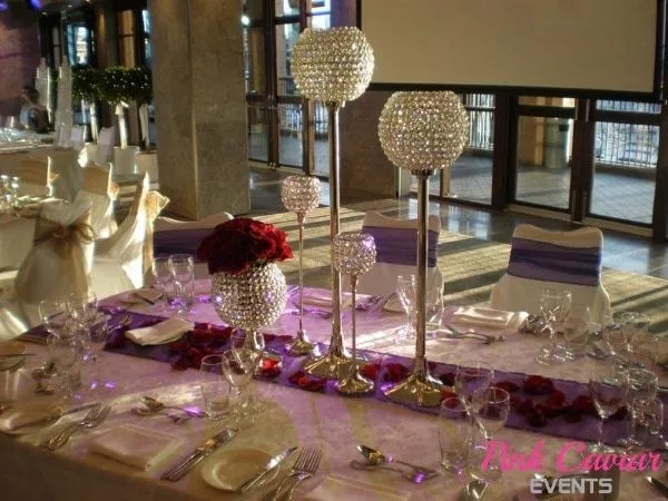 Crystal Goblets Centrepiece Gold Organza Sashes