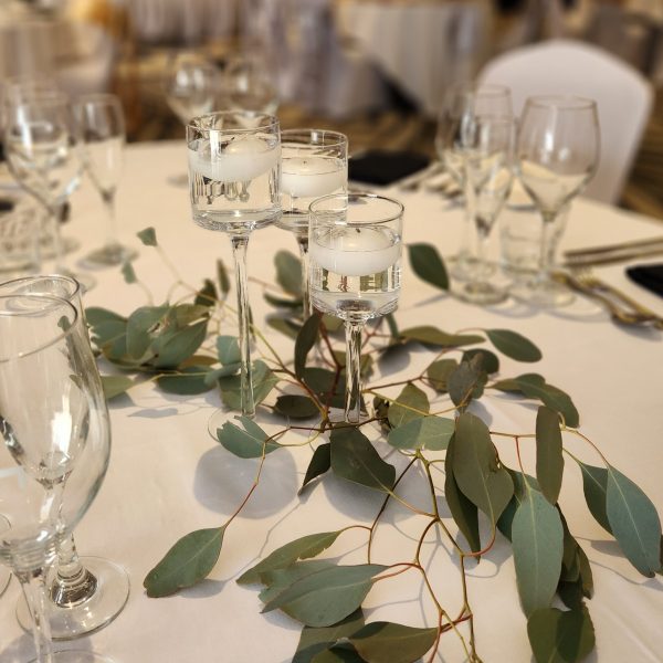 Glass Stem Trio with Floating Candles and Leaves