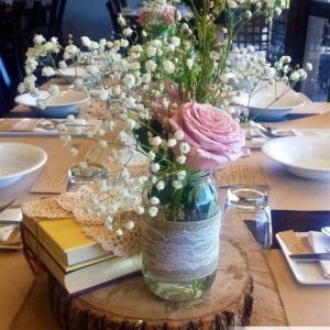 Timber Slice with Mason Jar of Flowers