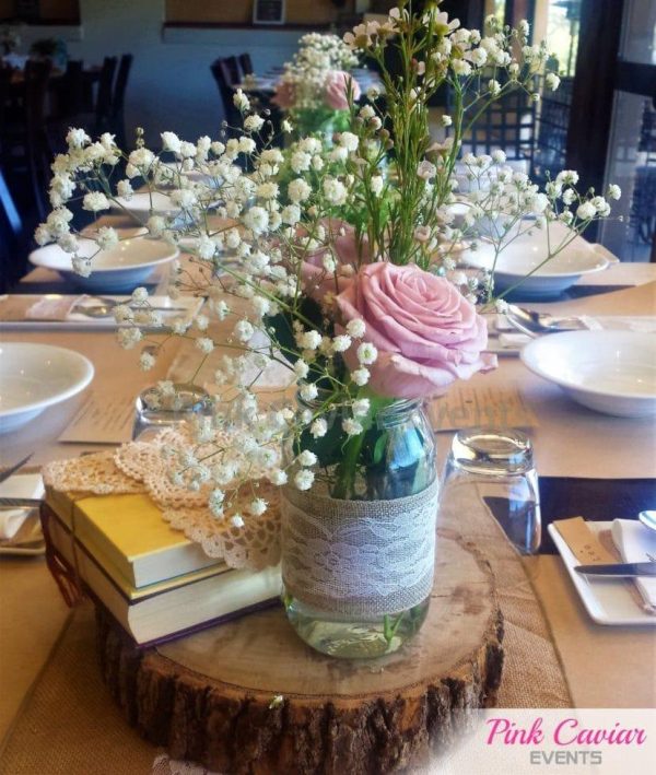 Timber Slice with Mason Jar of Flowers