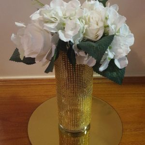 Fresh Seasonal Flowers in Gold Rhinestone Vase on Gold Mirror Base