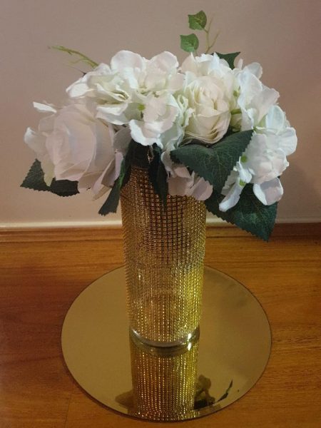 Fresh Seasonal Flowers in Gold Rhinestone Vase on Gold Mirror Base