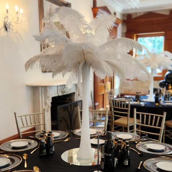 White Feathers in Tall Vase with Mirror