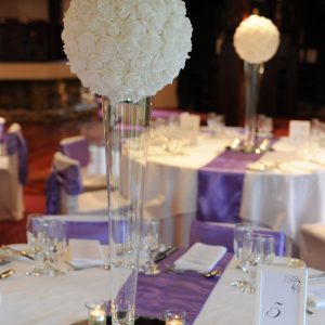 White Flower Ball on Tall Vase with 4x tealights on Mirror Base