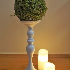 greenery ball on white stand with led candles
