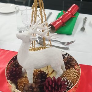Reindeer with Gold Tree in Tray with Pinecones