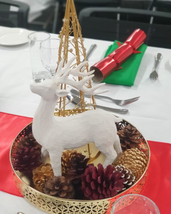 Reindeer with Gold Tree in Tray with Pinecones