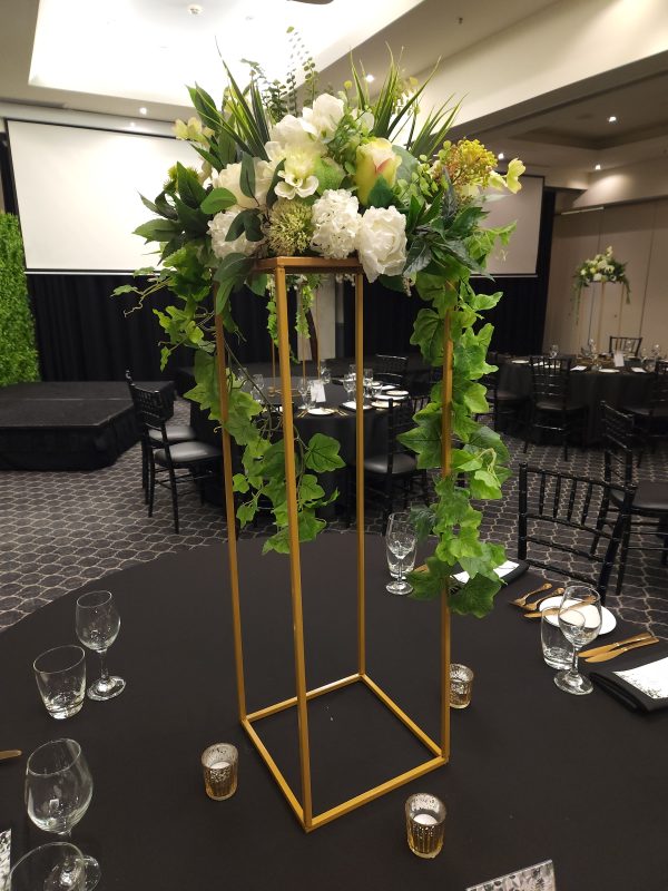 Artificial White Flowers & Greenery on Gold Stand