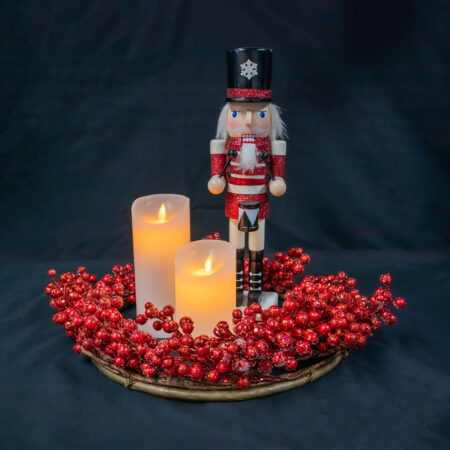 Red Berry Wreath with Nutcracker and LED Candles