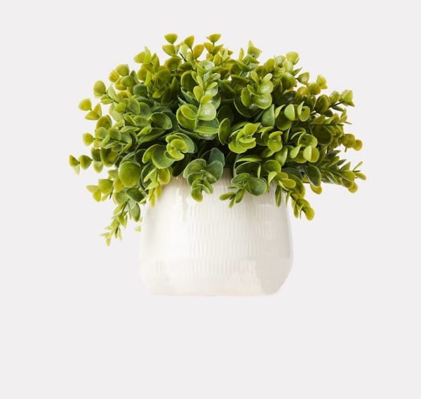 small artificial greenery in white pot