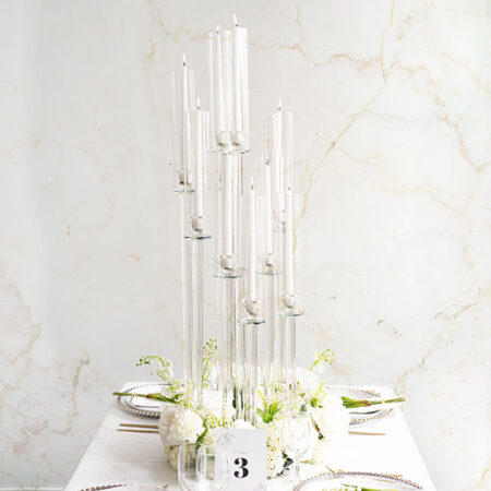 Tall Clear Candelabra with Artificial Flowers