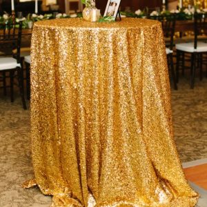 Gold Sequin Round Tablecloth on Cocktail Table