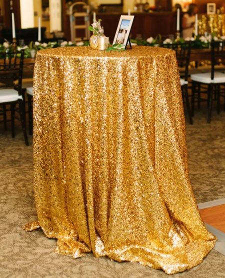 Gold Sequin Round Tablecloth on Cocktail Table