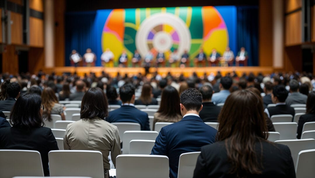 Corporate conference audience at a business event designed for sustainable events